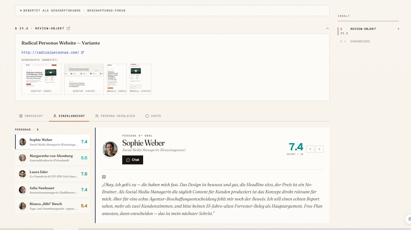 Screenshot von Radical Personas: eine synthetische Persona gibt begründetes Feedback zu einer Testfrage.